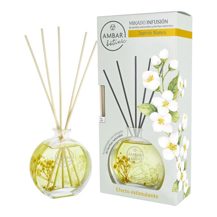 Ambar Botanic Mikado Infusión Jazmín Blanco 75 ml, Ambientador con Varillas, Difusor de Aroma con Aceites Esenciales y Hierbas Naturales, 0% Alcohol, Duración +3 Meses