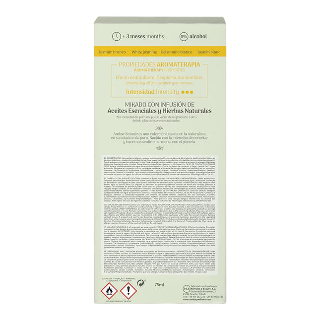Ambar Botanic Mikado Infusión Jazmín Blanco 75 ml, Ambientador con Varillas, Difusor de Aroma con Aceites Esenciales y Hierbas Naturales, 0% Alcohol, Duración +3 Meses