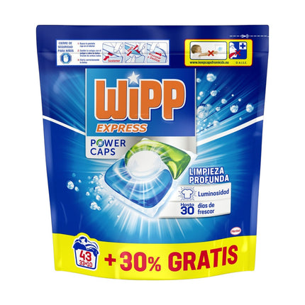 Wipp Express Power Caps – Detergente en Cápsulas para Lavadora, 43 Dosis, Limpieza Profunda y Eficaz en Agua Fría
