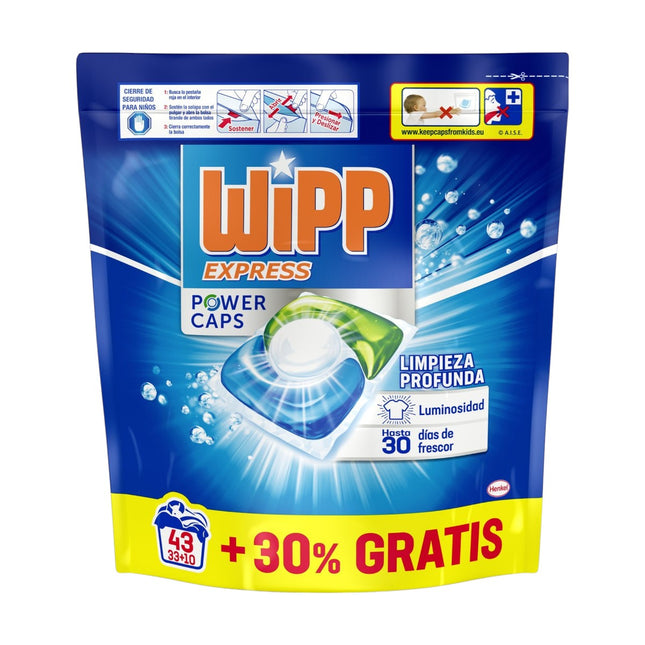 Wipp Express Power Caps – Detergente en Cápsulas para Lavadora, 43 Dosis, Limpieza Profunda y Eficaz en Agua Fría