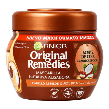 Garnier Original Remedies Mascarilla Nutritiva Alisadora Aceite de Coco y Manteca de Cacao, para Cabello Rebelde o Difícil de Alisar, Fórmula Vegana, 340 ml