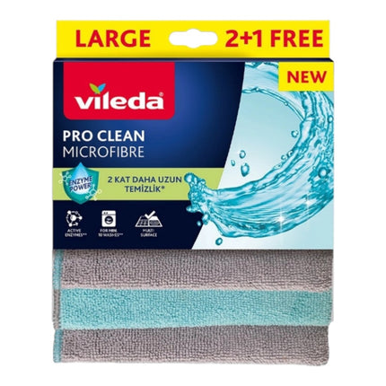 Vileda Pro Clean Bayetas de Microfibra Large 2+1 Gratis – Paños de Limpieza Multiusos con Tecnología Enzyme Power | Alta Absorción y Durabilidad