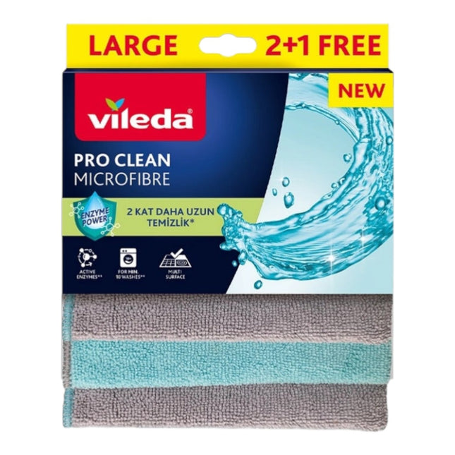 Vileda Pro Clean Bayetas de Microfibra Large 2+1 Gratis – Paños de Limpieza Multiusos con Tecnología Enzyme Power | Alta Absorción y Durabilidad