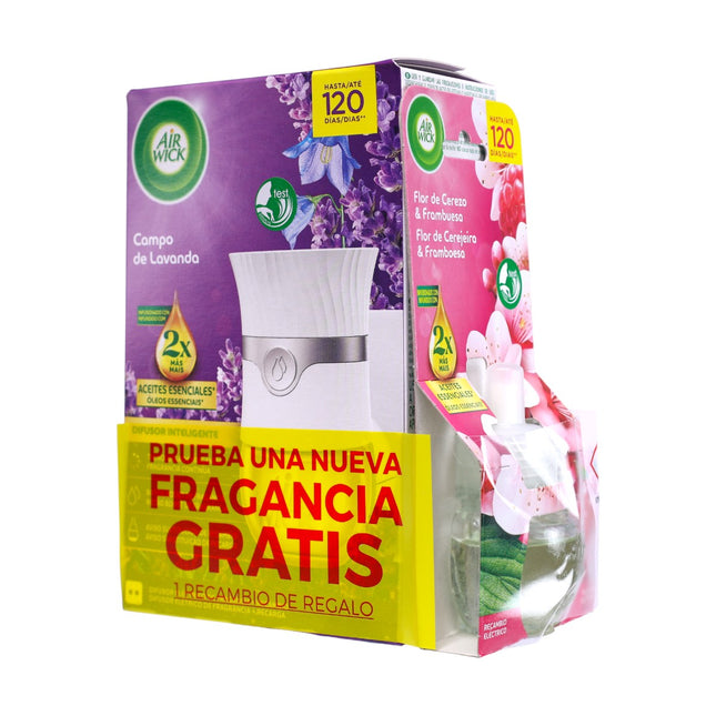 Air Wick Difusor Inteligente Campo de Lavanda – Ambientador Eléctrico con Aceites Esenciales + 2 Recambios (1 Gratis) – Hasta 120 Días de Fragancia, Botón Boost y Aviso de Recambio