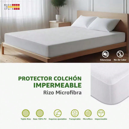 Protector de colchón impermeable de rizo 100% poliéster – Disponible en 90, 105, 135, 150 y 180 cm – Antiácaros, transpirable y ajustable hasta 28 cm – Lavable a máquina