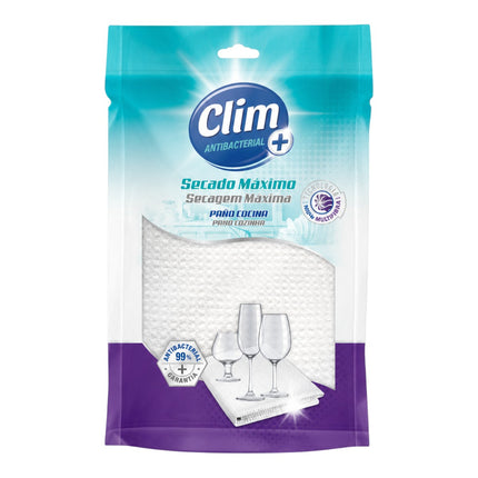 Clim Antibacterial+ Paño de Cocina Secado Máximo, Paño Súper Absorbente Antibacteriano 99%, Bayeta de Microfibra para Cristales, Vajilla y Cocina, 80% Poliéster 20% Poliamida