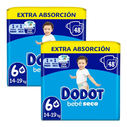 Dodot Bebé Seco Pack de 2 bolsas de 48 Pañales Talla 6+ (14–19 kg), Extra Absorción, Barrera Stop Fugas, Noche Seca (total 96 pañales)