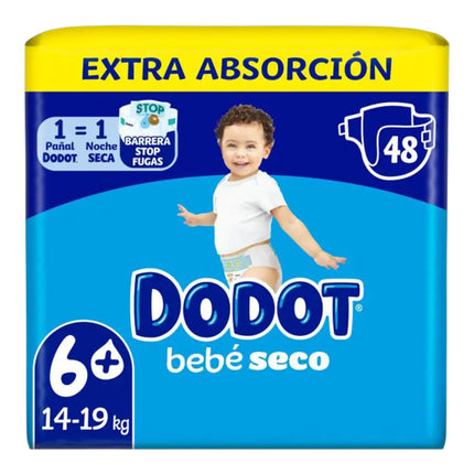 Dodot Bebé Seco Pack de 2 bolsas de 48 Pañales Talla 6+ (14–19 kg), Extra Absorción, Barrera Stop Fugas, Noche Seca (total 96 pañales)