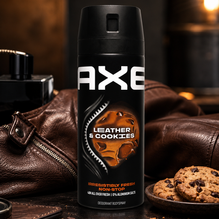 AXE Leather & Cookies Desodorante Bodyspray para Hombre 150 ml, 48H All Over Fresh, 0% Sales de Aluminio, Spray Corporal Masculino, Fragancia Leather & Cookies