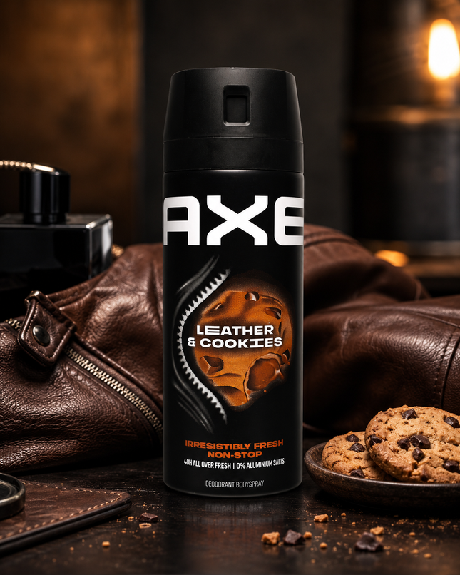 AXE Leather & Cookies Desodorante Bodyspray para Hombre 150 ml, 48H All Over Fresh, 0% Sales de Aluminio, Spray Corporal Masculino, Fragancia Leather & Cookies