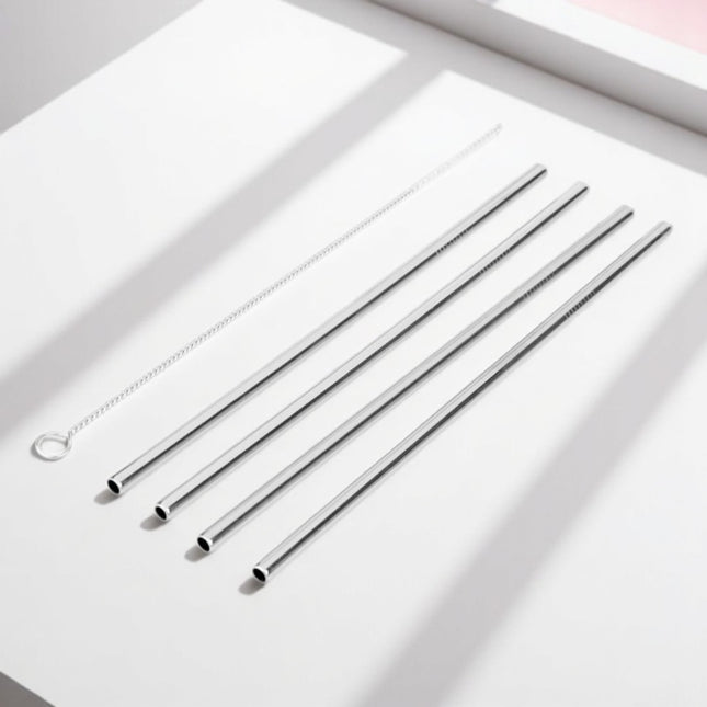 Set de 4 Pajitas Rectas de Acero Inoxidable (21,5 cm) con Cepillo Limpiador