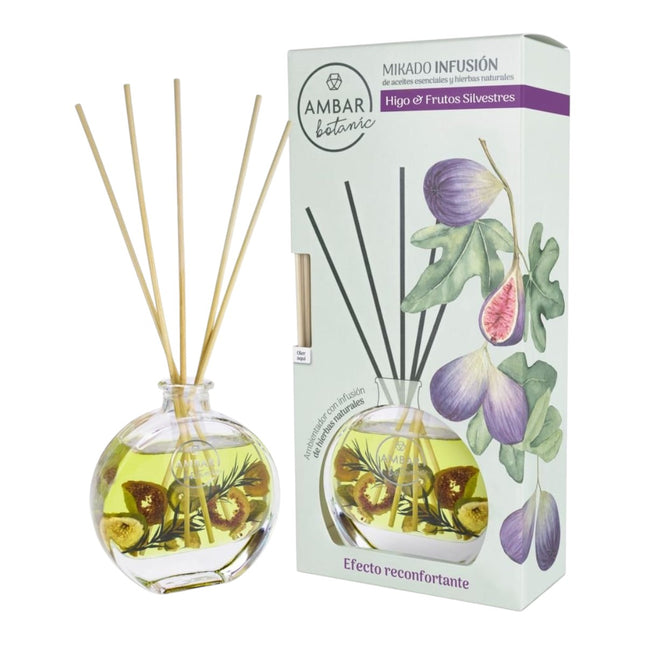 Ambar Botanic Mikado Infusión Higo y Frutos Silvestres 75 ml, Ambientador con Varillas, Difusor de Aroma con Aceites Esenciales y Hierbas Naturales, 0% Alcohol, Duración +3 Meses