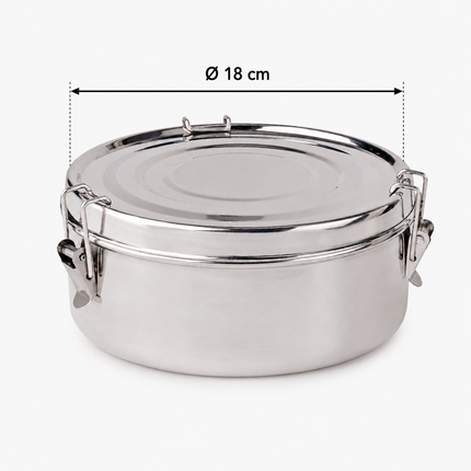 Fiambrera Redonda de Acero Inoxidable Ø18 cm, Recipiente Hermético Metálico con Cierres Laterales, Tarro para Alimentos, Cocina, Camping y Conservación