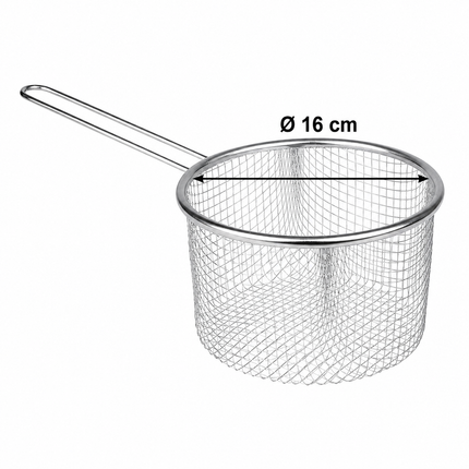 Cestillo Freidor de Acero Inoxidable 16 cm, Cesta para Freír Patatas, Croquetas y Alimentos, Colador Metálico con Mango para Cocina