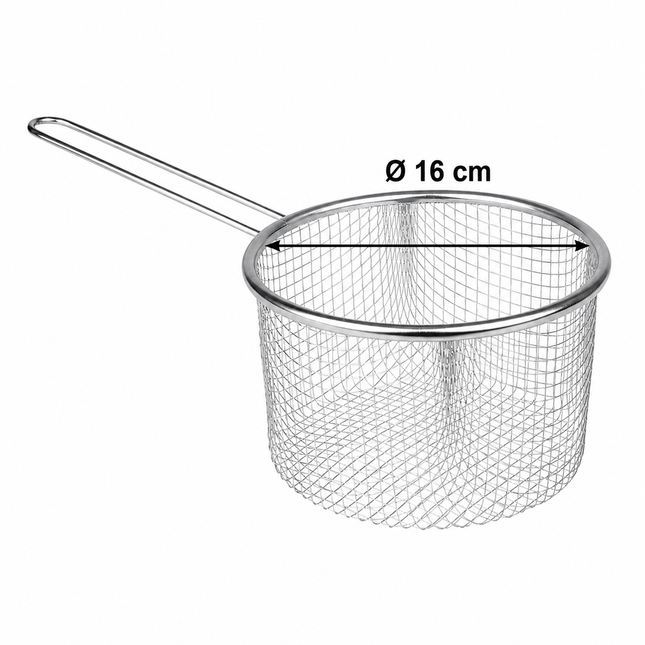 Cestillo Freidor de Acero Inoxidable 16 cm, Cesta para Freír Patatas, Croquetas y Alimentos, Colador Metálico con Mango para Cocina