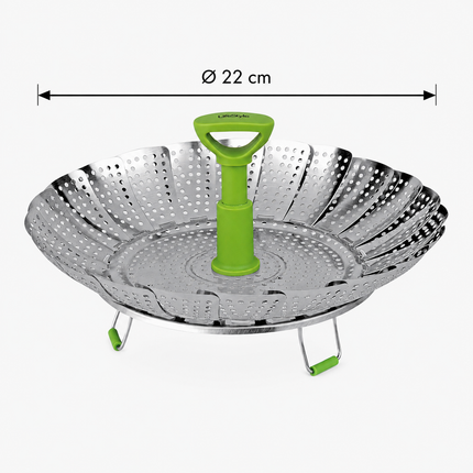 Cestillo Cocedor Vapor Plegable de Acero Inoxidable 22 cm, Vaporera Universal para Verduras, Dumplings, Patatas y Pescado, Cesta Ajustable con Asa