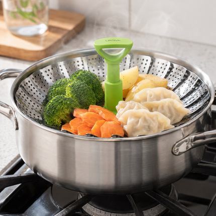 Cestillo Cocedor Vapor Plegable de Acero Inoxidable 22 cm, Vaporera Universal para Verduras, Dumplings, Patatas y Pescado, Cesta Ajustable con Asa