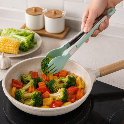 Pinzas de Cocina 33 cm con Cuchara y Tenedor, Pinzas para Servir Alimentos, Acero Inoxidable y Silicona
