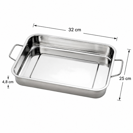 Bandeja Rectangular de Acero Inoxidable con Asas 32 x 25 x 4,8 cm, Fuente para Horno, Bandeja de Cocina, Asado, Carne, Verduras y Repostería