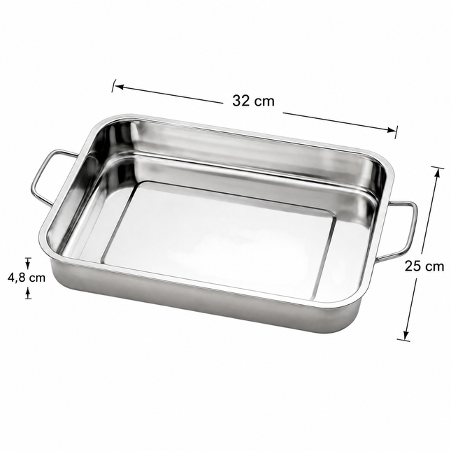 Bandeja Rectangular de Acero Inoxidable con Asas 32 x 25 x 4,8 cm, Fuente para Horno, Bandeja de Cocina, Asado, Carne, Verduras y Repostería