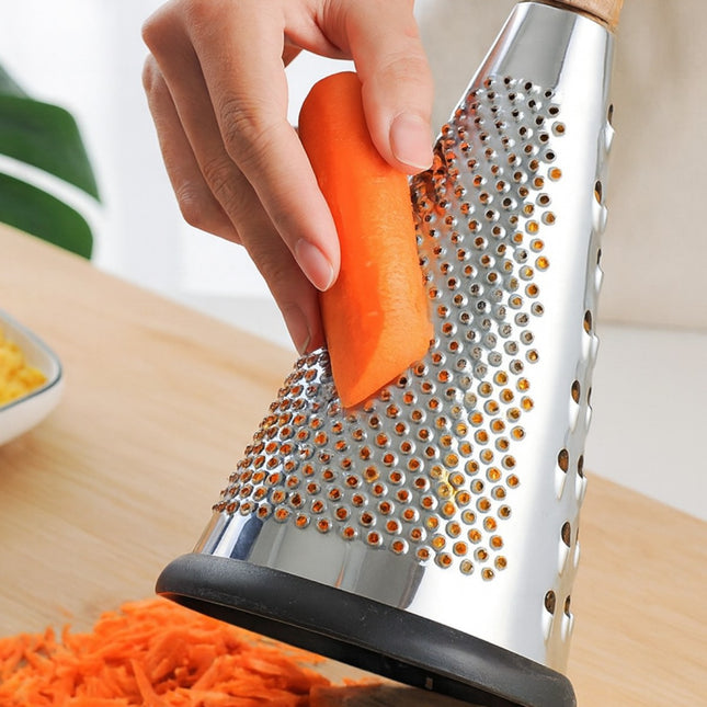 Rallador de cocina cónico de acero inoxidable con mango de madera y base antideslizante, rallador de cono para queso, zanahoria y verduras