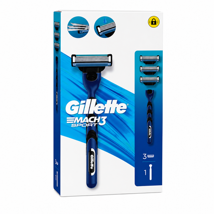 Gillette Mach3 Sport Maquinilla de Afeitar Hombre con Mango y 3 Recambios, Cuchillas de 3 Hojas, Afeitado Suave, Preciso y Cómodo