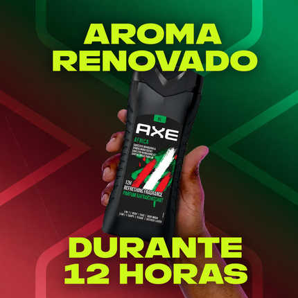 AXE Africa Gel de Ducha Hombre 3 en 1 XL, Cuerpo Cara y Cabello, Aroma Mandarina Exprimida y Sándalo, Fragancia Refrescante 12H, 400 ml