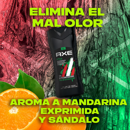 AXE Africa Gel de Ducha Hombre 3 en 1 XL, Cuerpo Cara y Cabello, Aroma Mandarina Exprimida y Sándalo, Fragancia Refrescante 12H, 400 ml