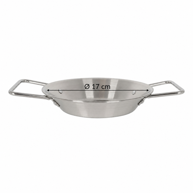 Sartén Mini Paellera de Acero Inoxidable con Asas, Plato Metálico para Tapas, Paella, Fideuá Ø 17 cm
