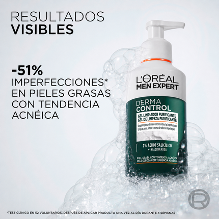 L’Oréal Paris Men Expert Derma Control Gel Limpiador Purificante, Limpiador Facial Hombre con 2% Ácido Salicílico y Niacinamida, Piel Grasa con Tendencia Acnéica, 260 ml