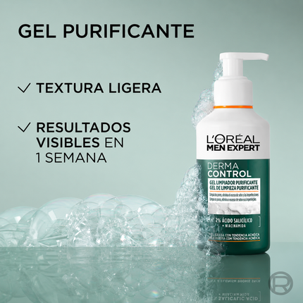 L’Oréal Paris Men Expert Derma Control Gel Limpiador Purificante, Limpiador Facial Hombre con 2% Ácido Salicílico y Niacinamida, Piel Grasa con Tendencia Acnéica, 260 ml