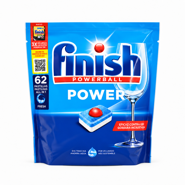 Finish Powerball Power Pastillas Lavavajillas All in 1 Fresh, Detergente para Lavavajillas, Limpieza y Brillo Diario, 62 Pastillas