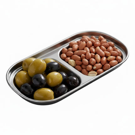 MY BAR Bandeja de Acero Inoxidable con 2 Compartimentos, Plato para Aperitivos, Tapas, Aceitunas, Frutos Secos y Salsas, 15,8 x 8,5 x 2,5 cm