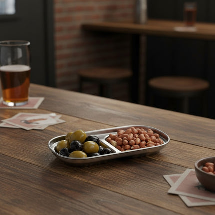 MY BAR Bandeja de Acero Inoxidable con 2 Compartimentos, Plato para Aperitivos, Tapas, Aceitunas, Frutos Secos y Salsas, 15,8 x 8,5 x 2,5 cm