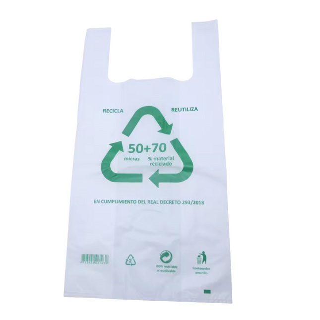 50/90/120 Bolsas Ecológicas Asa tipo Camiseta 70% Material Recicladas y 100% Reciclables
