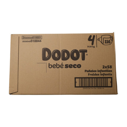 DODOT Pack de 2 Bolsas de 58 Pañales suaves antifugas y ajuste cómodo hasta 12 horas de protección de Bebé Seco Extra Jumbo Talla 4 (116 pañales en total)