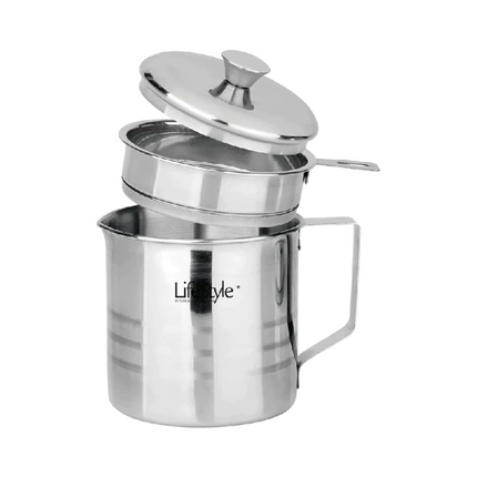 Grasera metálica de 10 cm de diámetro y 14,6 cm de altura, con filtro, asa y tapa Aceitera con colador para conservación de aceite de acero inoxidable. Recipiente para colar aceites Herramienta Ideal Para su Cocina