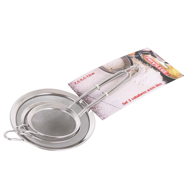 Set de 3 coladores de acero inoxidable de 3 tamaños diferentes 7.5/8.5/12cm Versatilidad y comodidad en tu cocina
