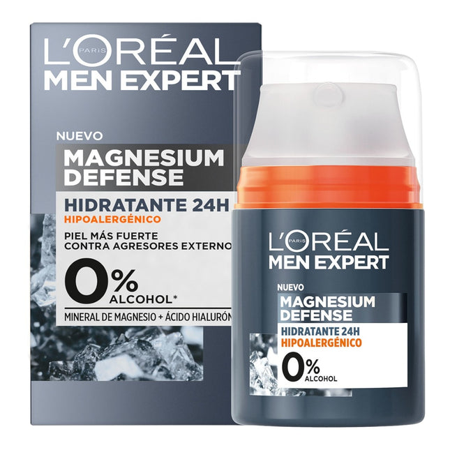 L'OREAL MEN EXPERT Crema de día Hidratante 24 H Hipoalergénica Magnesium Defense 0% alcohol con mineral de magnesio + ácido hialurónico dosificador 50 ml