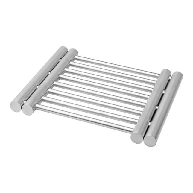 Adjustable metal trivet multi-purpose holder for kitchen table mats, retractable pads, hot pad and pot holder (steel silver) 