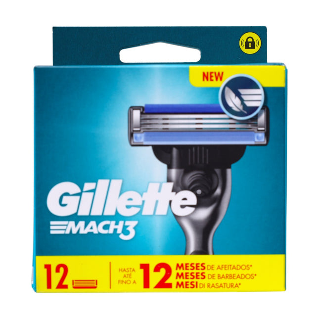 Gillette MACH3 Recambios de Cuchillas, Pack 12 — 3 Hojas con Banda Lubricante y Microfins, Hasta 12 Meses de Afeitado, Compatibles con Mangos MACH3/MACH3 Turbo