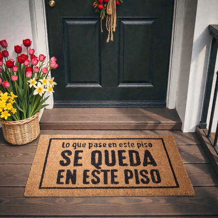 Felpudo de Coco “Lo que pase en este piso se queda en este piso” – 70×40 cm – Fibra de coco natural con base antideslizante PVC | Alfombrilla entrada interior/exterior protegido