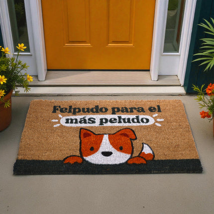 Felpudo de coco 70×40 cm antideslizante – “Felpudo para el más peludo” – para puertas de entrada, interior/exterior, base PVC, diseño perro, atrapa-suciedad, resistente y duradero