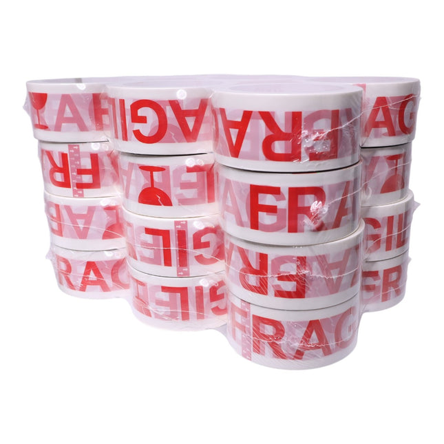 Cinta Adhesiva de Embalaje FRÁGIL, Pack de 24 Rollos, 40 m x 48 mm, Precinto de Señalización Blanco y Rojo para Cajas, Mudanzas, Almacén y Envíos