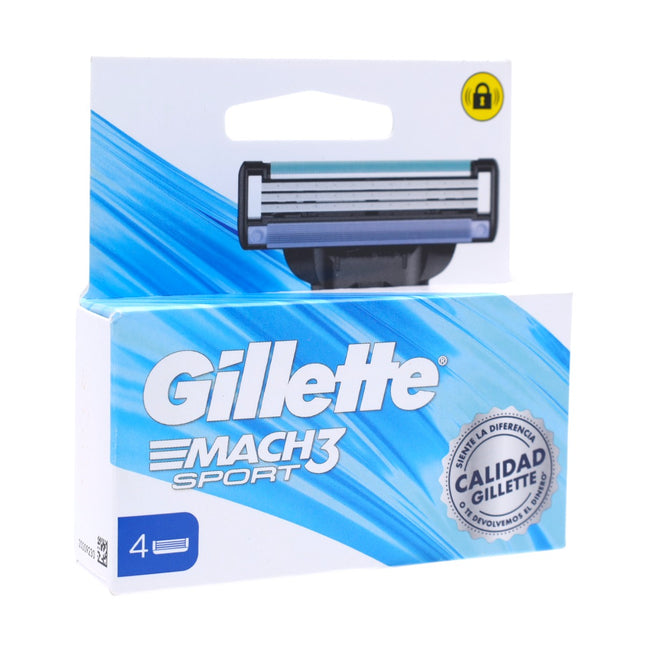 Gillette Mach3 Sport – Pack de 4 cuchillas de recambio (3 hojas + banda lubricante), afeitado cómodo y apurado