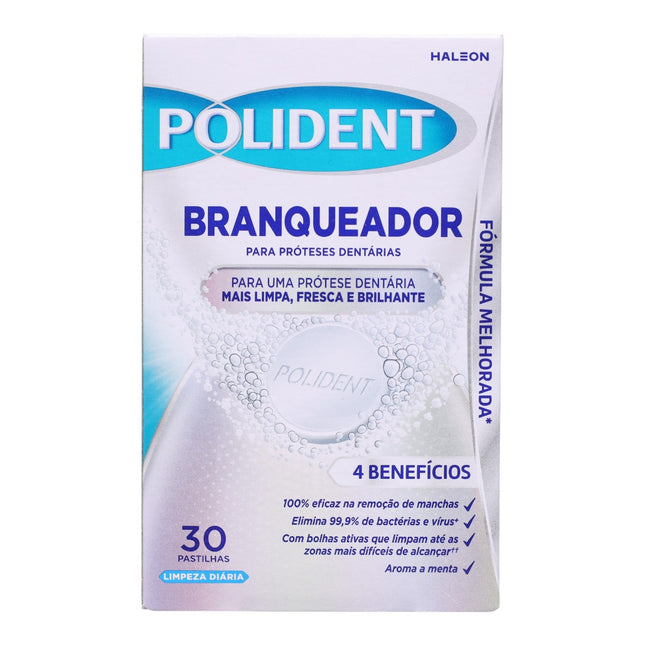 Polident Blanqueador Pastillas Limpiadoras para Prótesis Dentales, 30 Pastillas, Limpieza Diaria, Acción Desinfectante, Frescor a Menta, Ayuda a Eliminar Manchas y Mantener el Blanco Natural