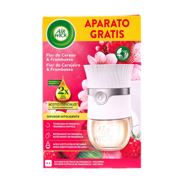 Air Wick Ambientador Eléctrico Inteligente Flor de Cerezo & Frambuesa con Aceites Esenciales – Difusor + Recambio – 5 Intensidades, Tecnología Anti-Fading y Botón Boost