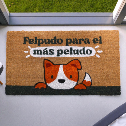 Felpudo de coco 70×40 cm antideslizante – “Felpudo para el más peludo” – para puertas de entrada, interior/exterior, base PVC, diseño perro, atrapa-suciedad, resistente y duradero