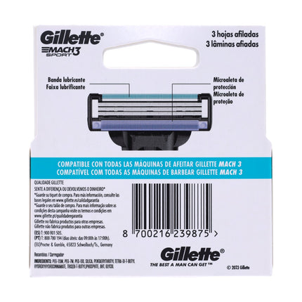 Gillette Mach3 Sport – Pack de 4 cuchillas de recambio (3 hojas + banda lubricante), afeitado cómodo y apurado