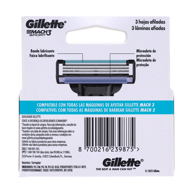 Gillette Mach3 Sport – Pack de 4 cuchillas de recambio (3 hojas + banda lubricante), afeitado cómodo y apurado